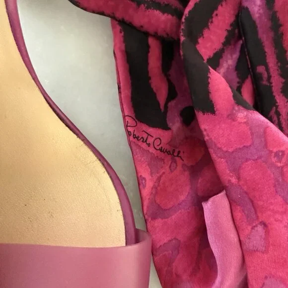 ROBERTO CAVALLI PInk Black Slide Stiletto Heels Silk Ankle Wrap Tie - Picture 6 of 8